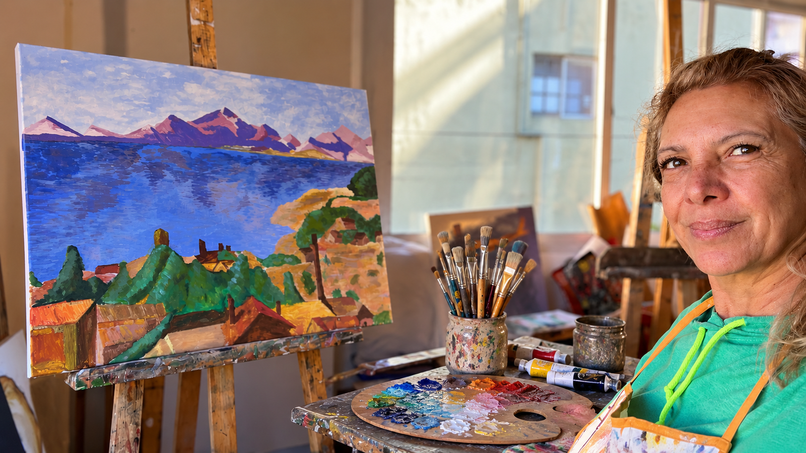 Sonriendo junto a mi primera obra, un paisaje de montaña y lago, con mis pinceles y mi paleta